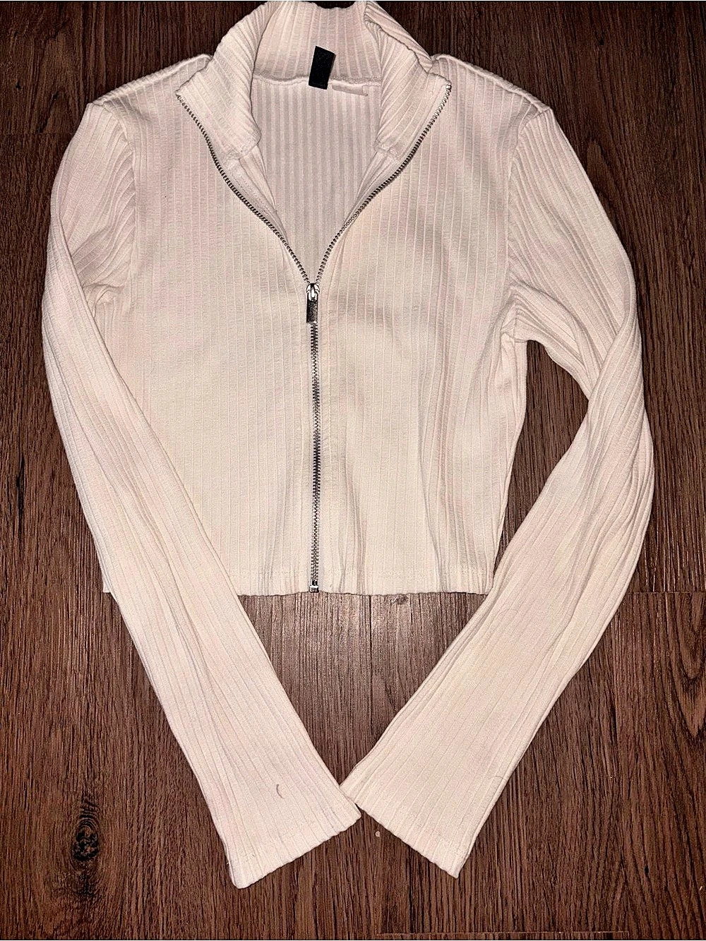 H&M Divided White Ribbed Zip-Up Crop Top XS Y2K